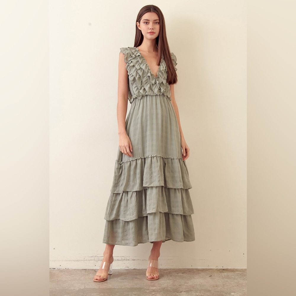 Ruffled V-Neck Maxi Dress in Sage